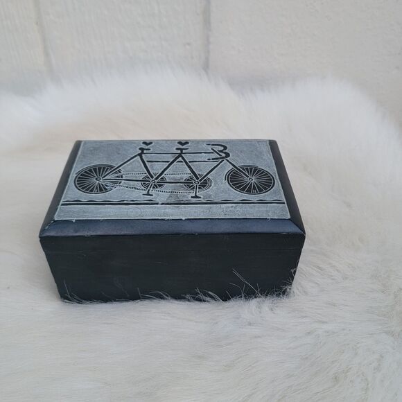 Vintage black marble trinket jewelry box Hand Crafted tandem bike scenery - Picture 1 of 5